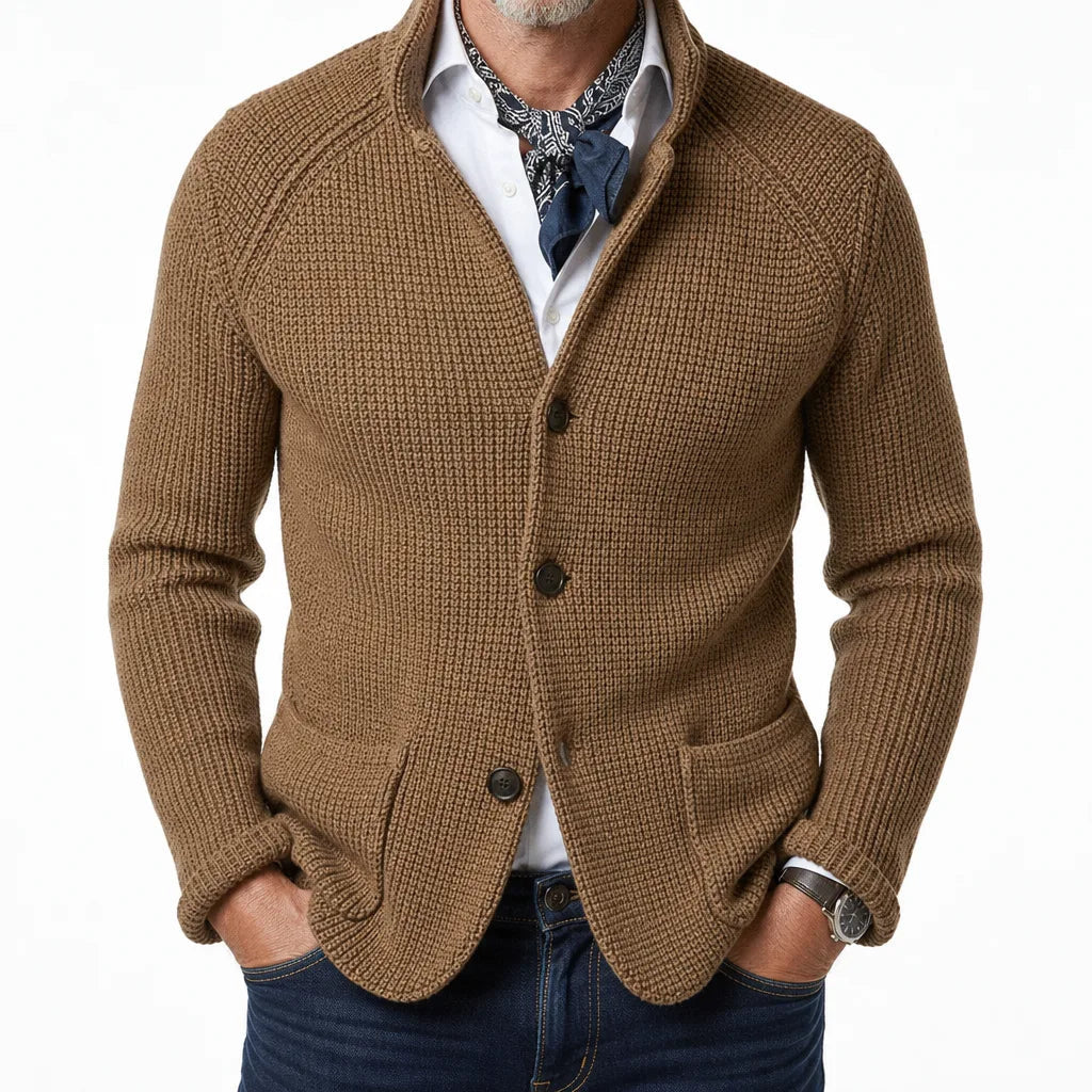 Men's Textured Button Cardigan with Raised Collar - Beige