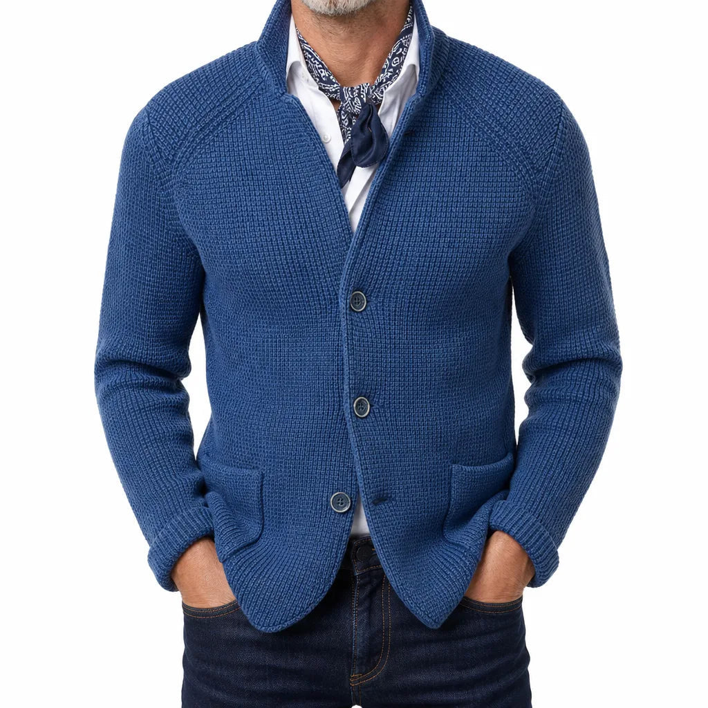 Men's Textured Button Cardigan with Raised Collar - Blue