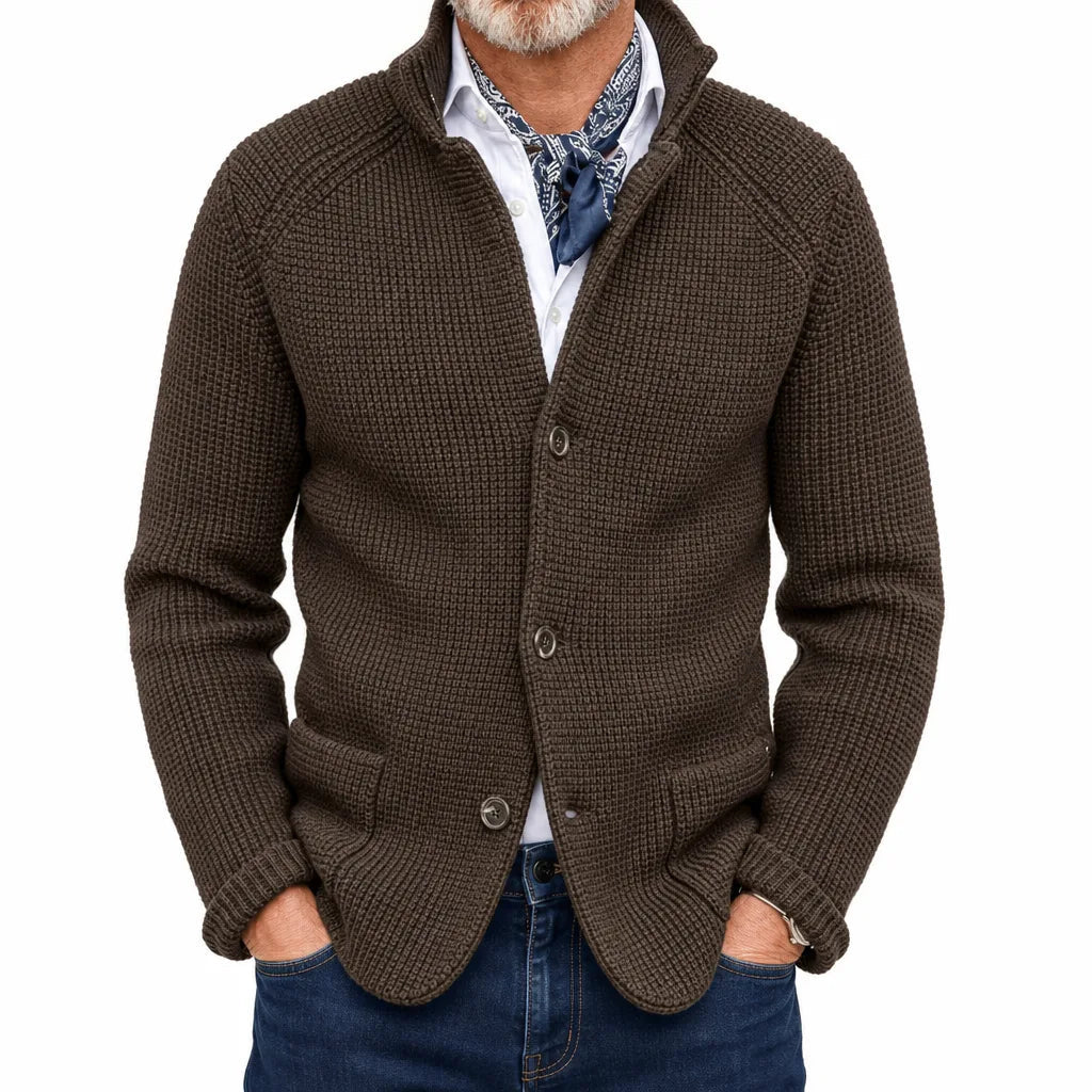 Men's Textured Button Cardigan with Raised Collar - Brown