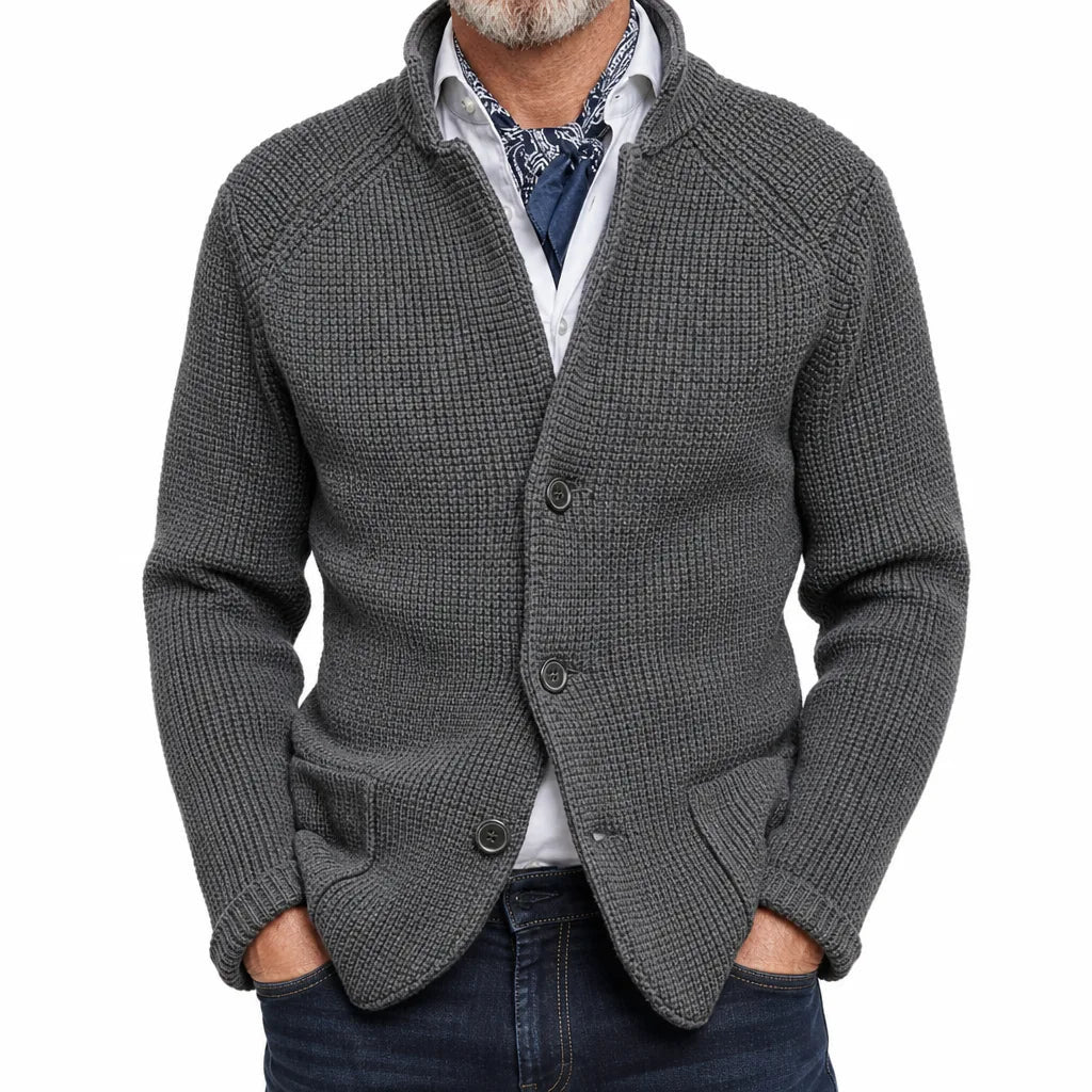 Men's Textured Button Cardigan with Raised Collar - Gray