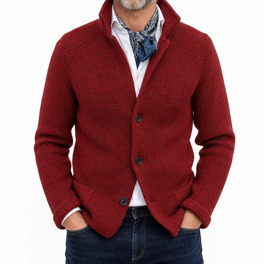 Men's Textured Button Cardigan with Raised Collar - Red