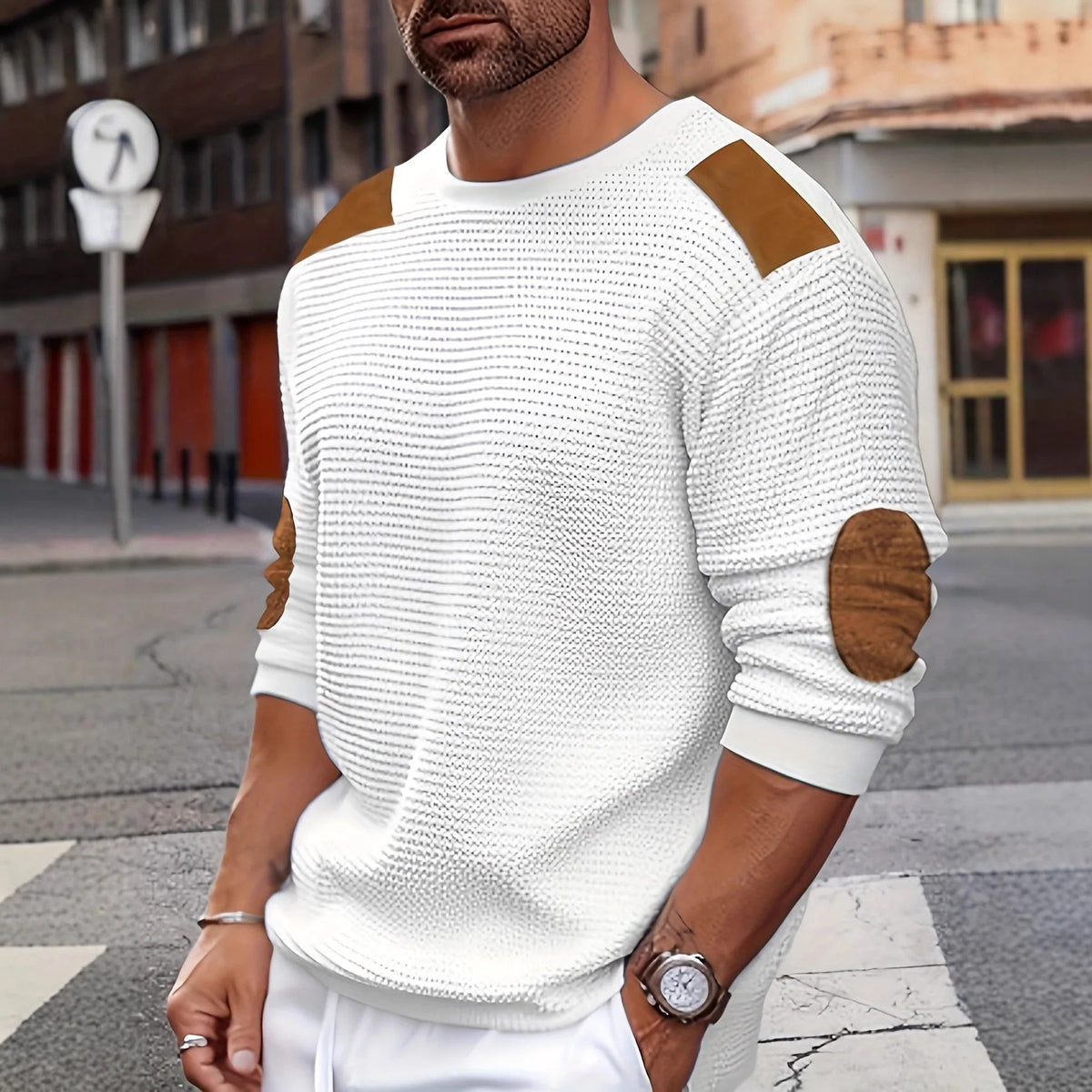 Men's Textured Crewneck Sweater with Contrast Patches - White