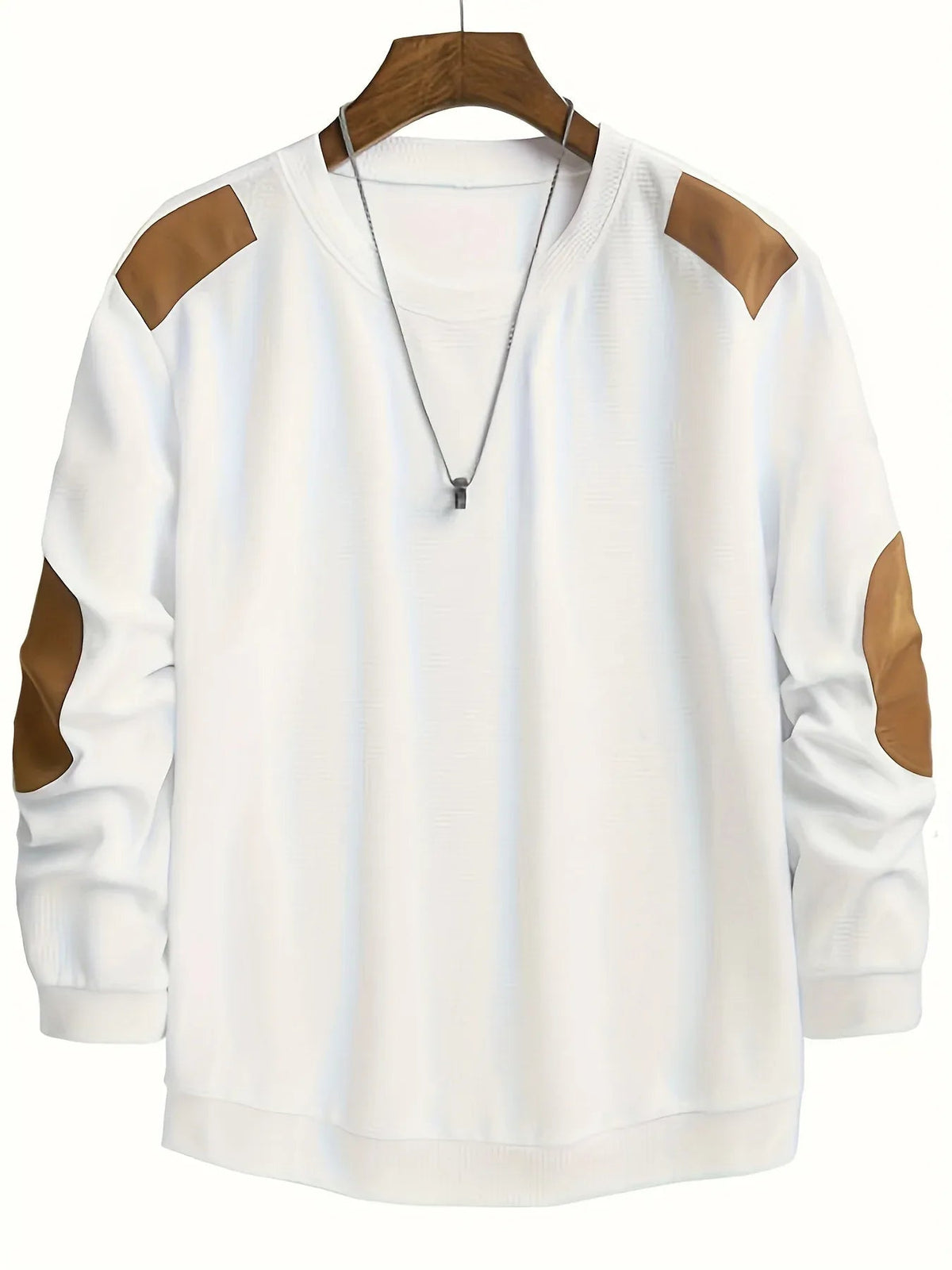 Men's Textured Crewneck Sweater with Contrast Patches - White