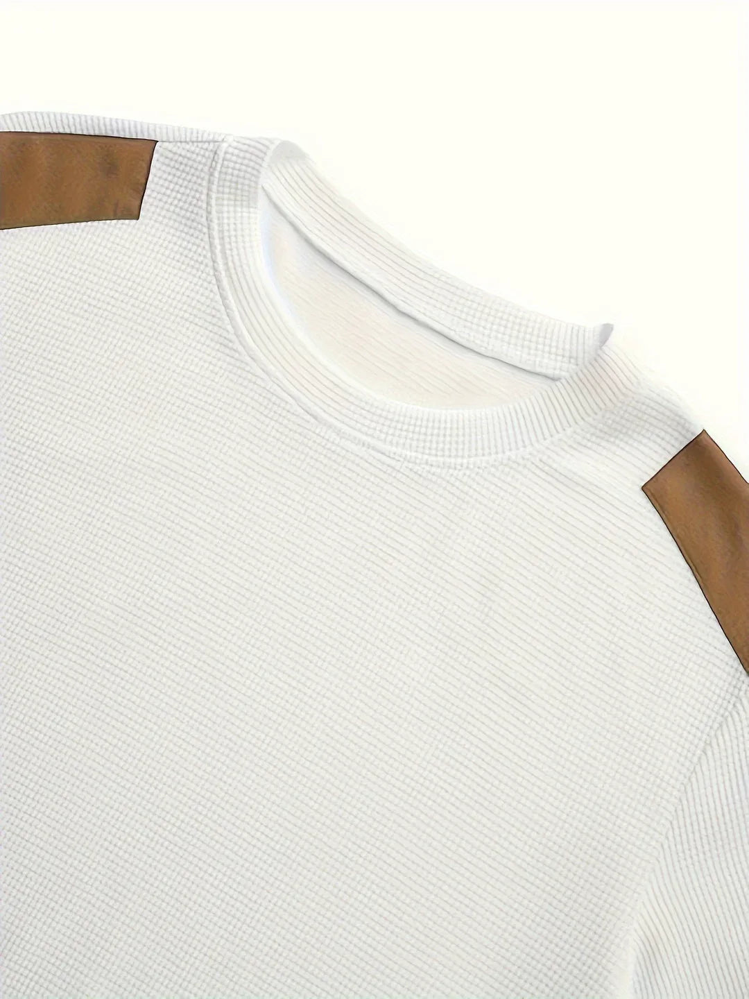 Men's Textured Crewneck Sweater with Contrast Patches - White