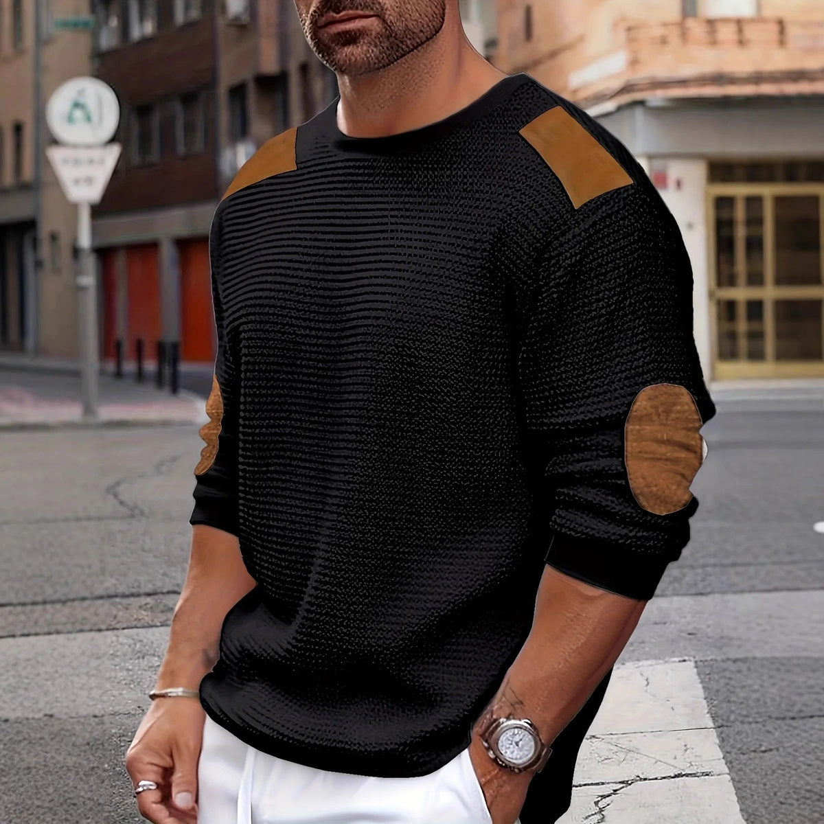 Men's Textured Crewneck Sweater with Contrast Patches - Black