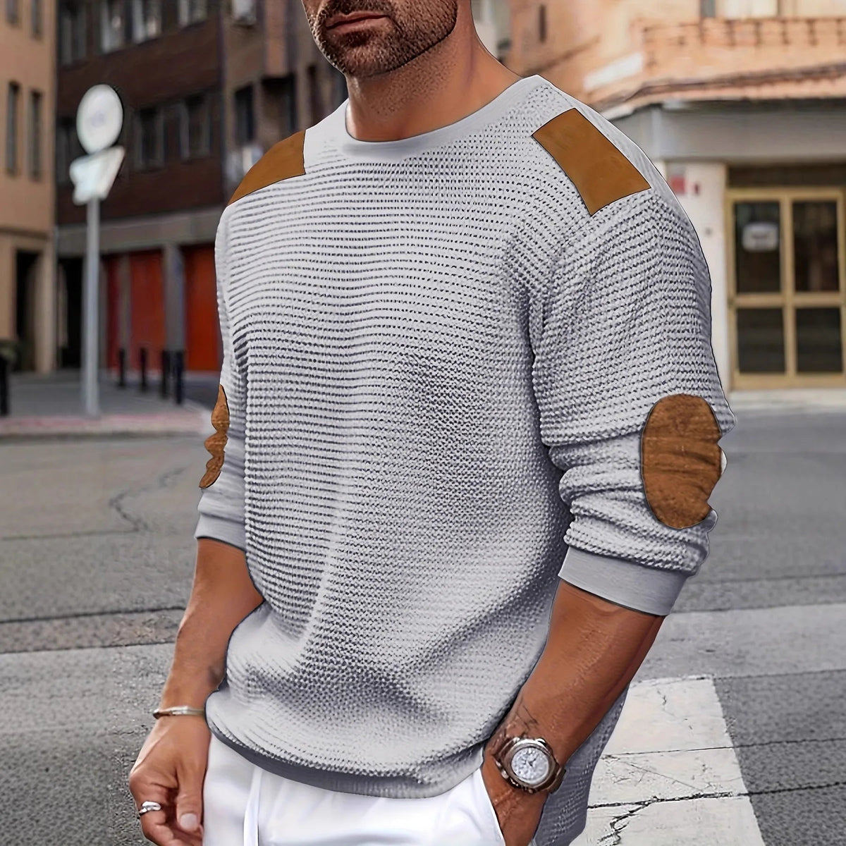 Men's Textured Crewneck Sweater with Contrast Patches - Grey