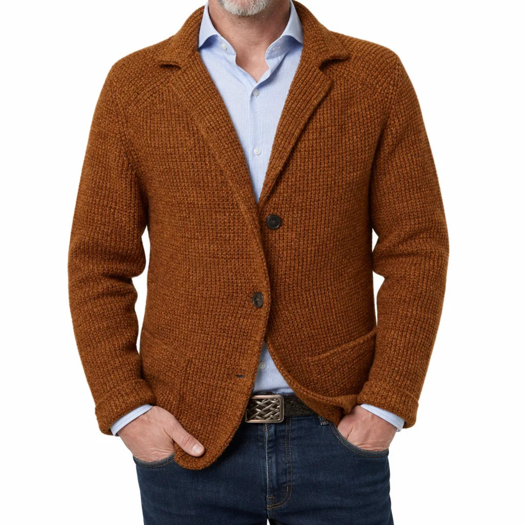 Men's Textured Single Button Blazer with Patch Pockets - Brown