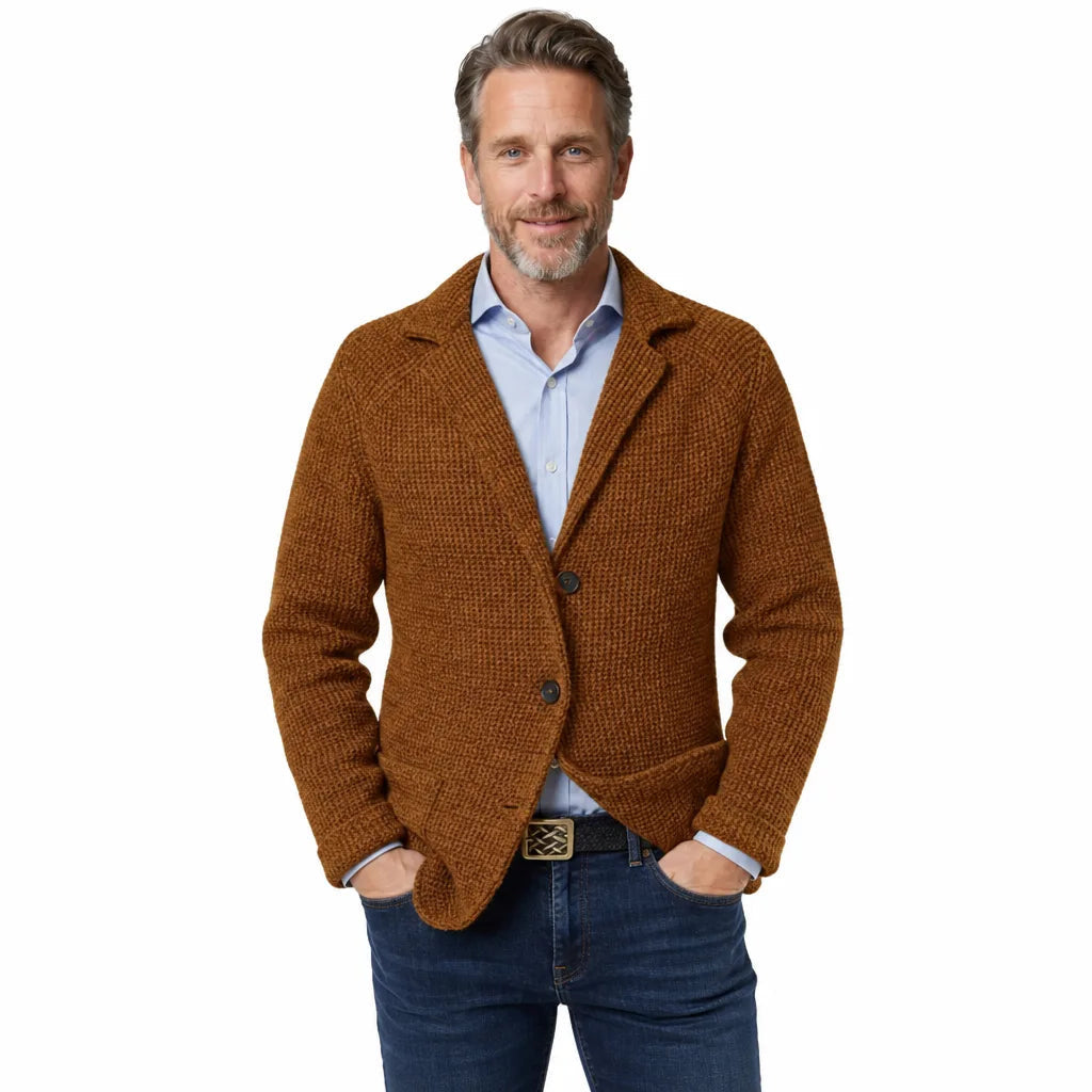 Men's Textured Single Button Blazer with Patch Pockets - Brown