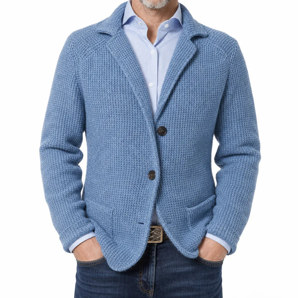Men's Textured Single Button Blazer with Patch Pockets - Blue