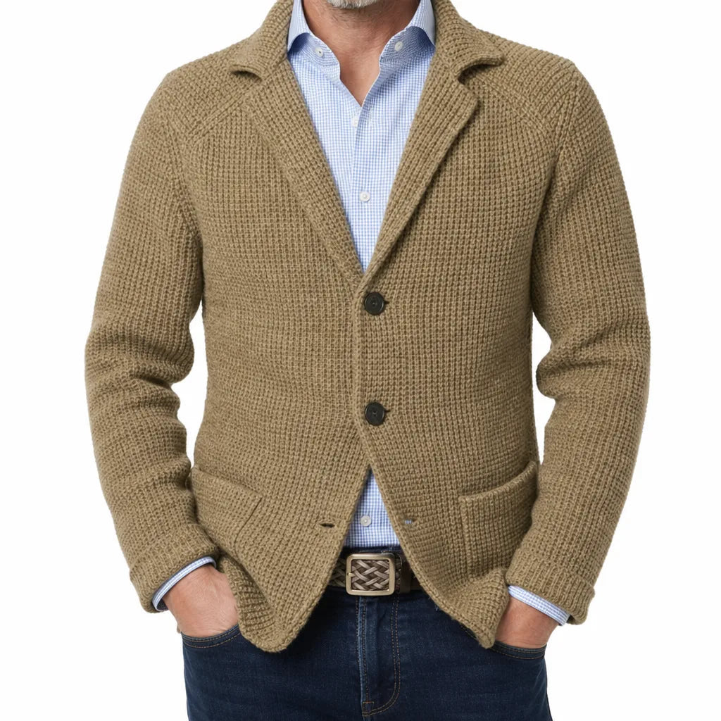 Men's Textured Single Button Blazer with Patch Pockets - Beige