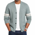 Men's V-Neck Button Cardigan with Contrast Sleeve Stripes - Green