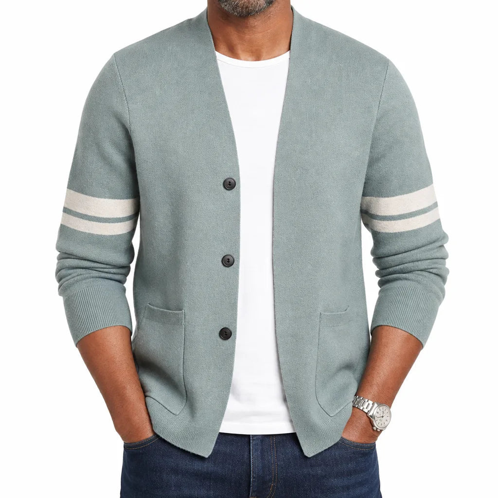 Men's V-Neck Button Cardigan with Contrast Sleeve Stripes - Green