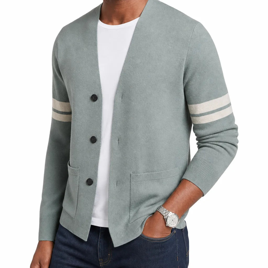 Men's V-Neck Button Cardigan with Contrast Sleeve Stripes - Green
