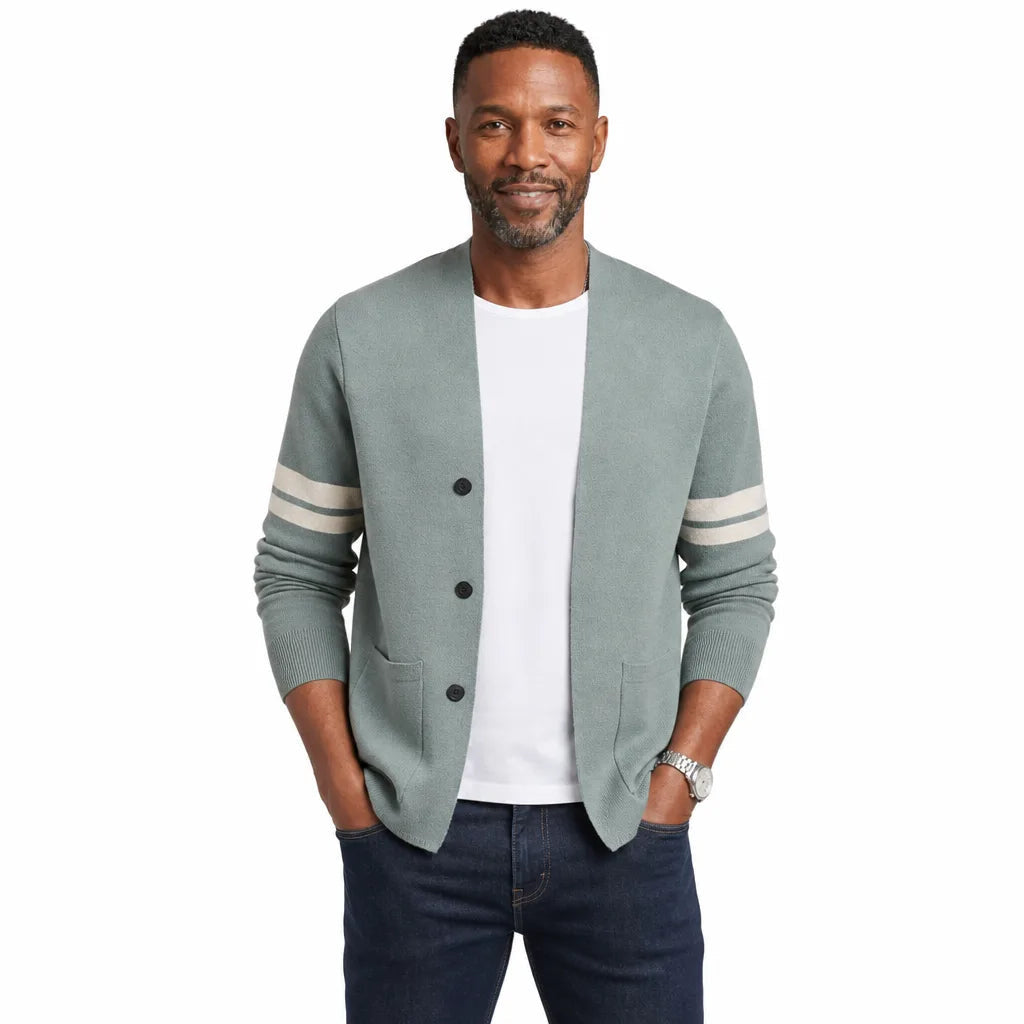 Men's V-Neck Button Cardigan with Contrast Sleeve Stripes - Green
