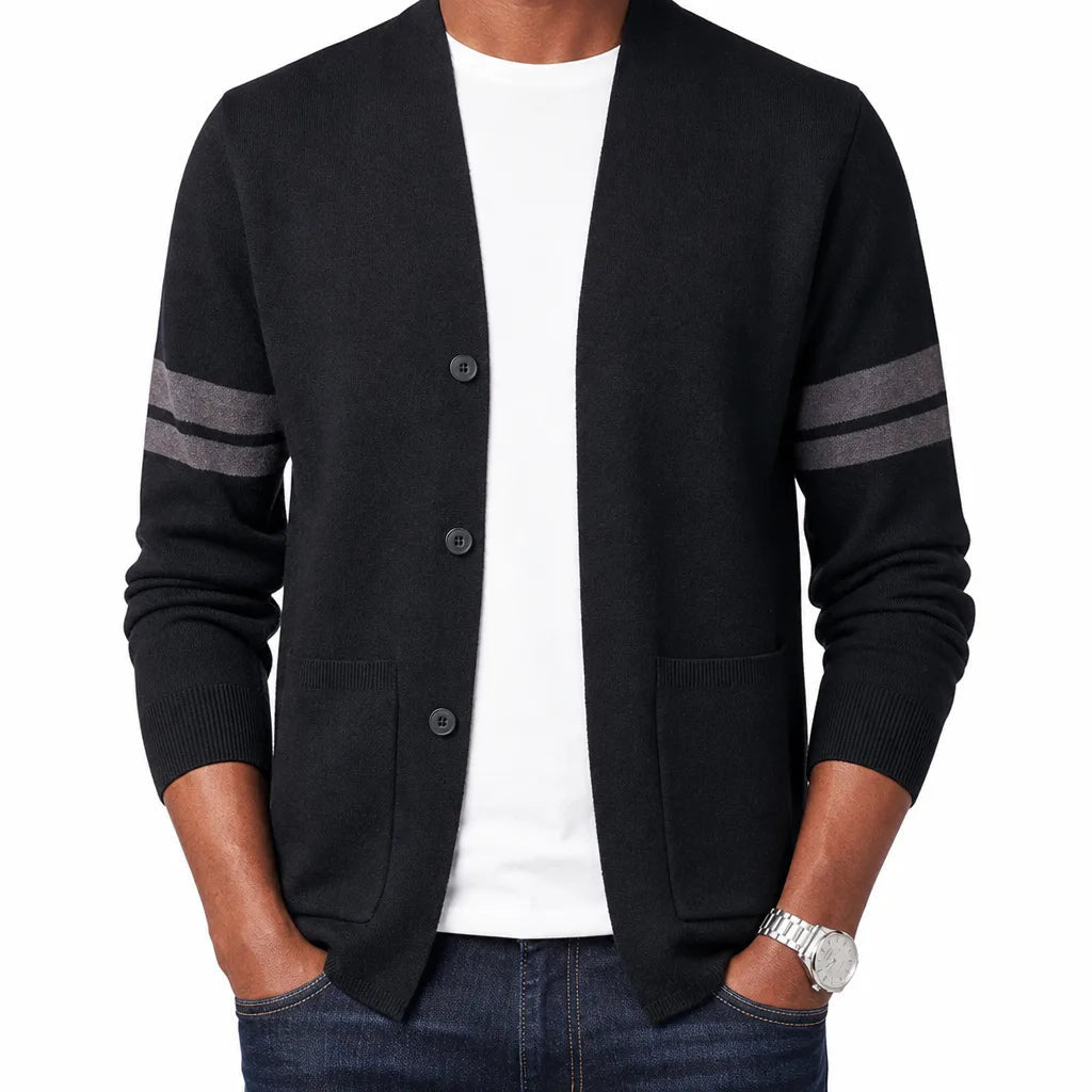 Men's V-Neck Button Cardigan with Contrast Sleeve Stripes - Black