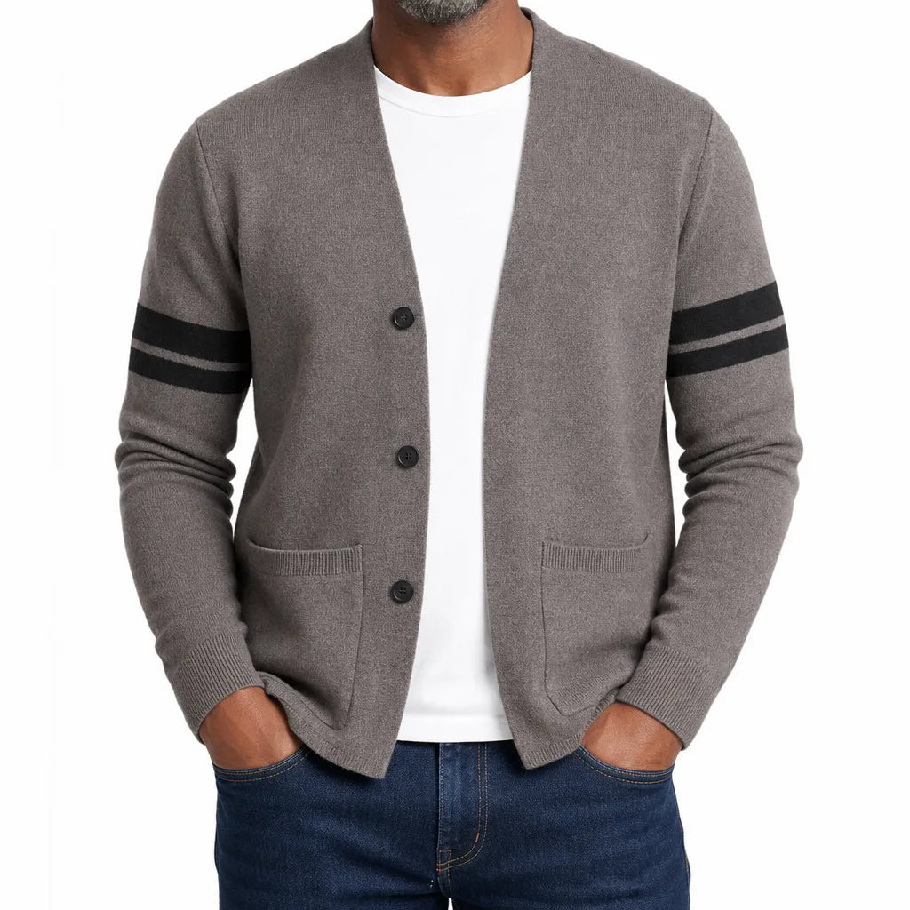 Men's V-Neck Button Cardigan with Contrast Sleeve Stripes - Gray