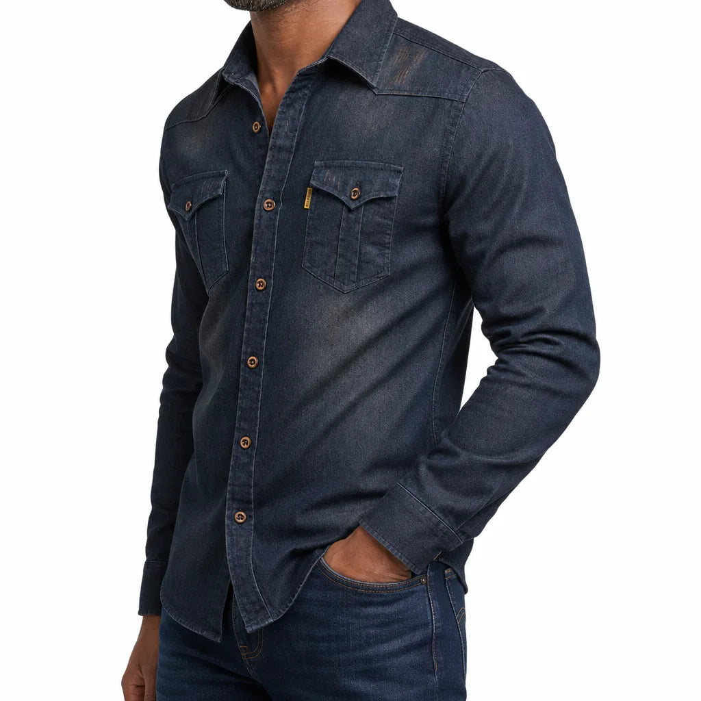 Men's Western Button Shirt with Pointed Pocket Flaps - Black