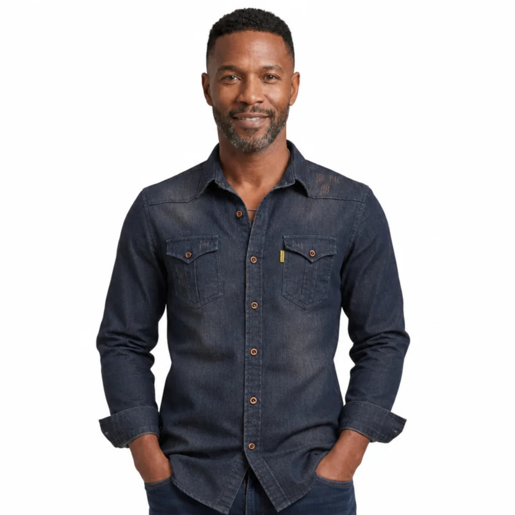 Men's Western Button Shirt with Pointed Pocket Flaps - Black