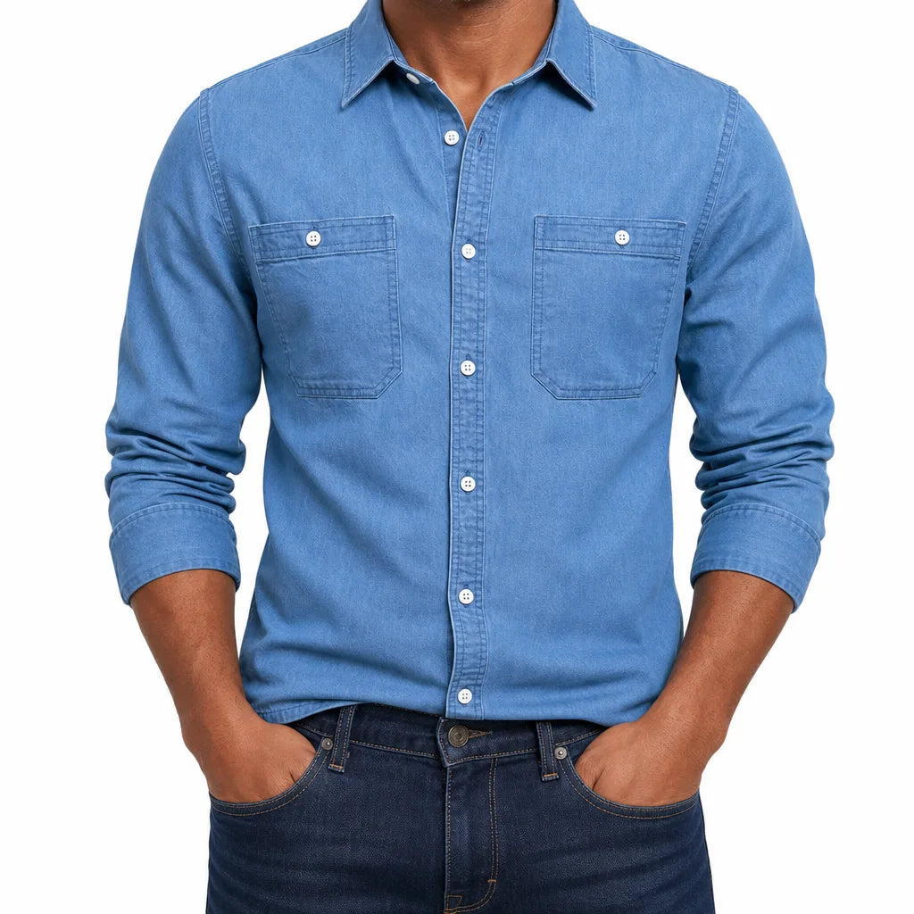 Men's Western Button Shirt with Pointed Pocket Flaps - Blue