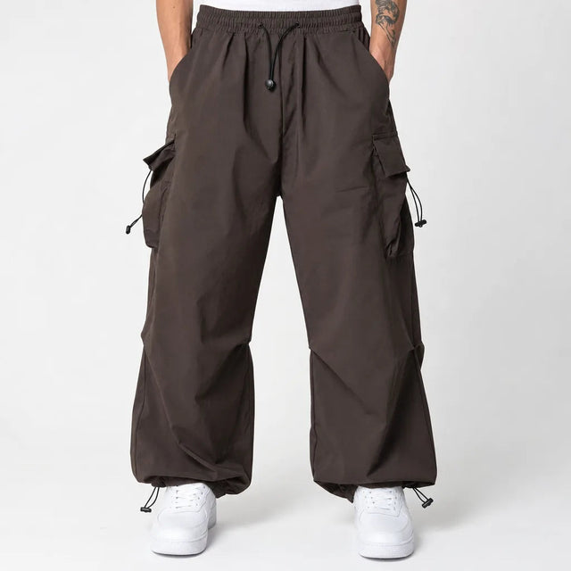 Men's Wide Leg Cargo Pants with Drawstring Waist - Brown