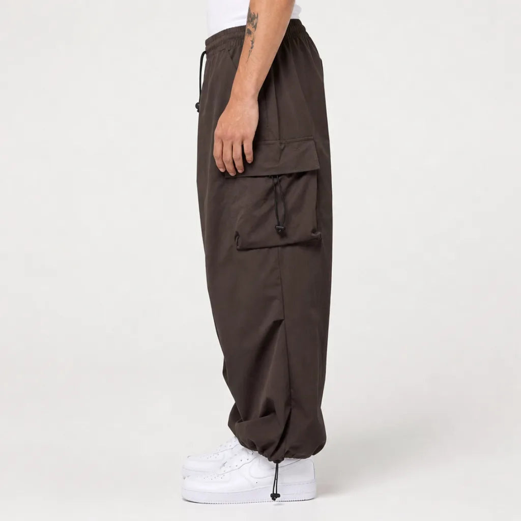 Men's Wide Leg Cargo Pants with Drawstring Waist - Brown
