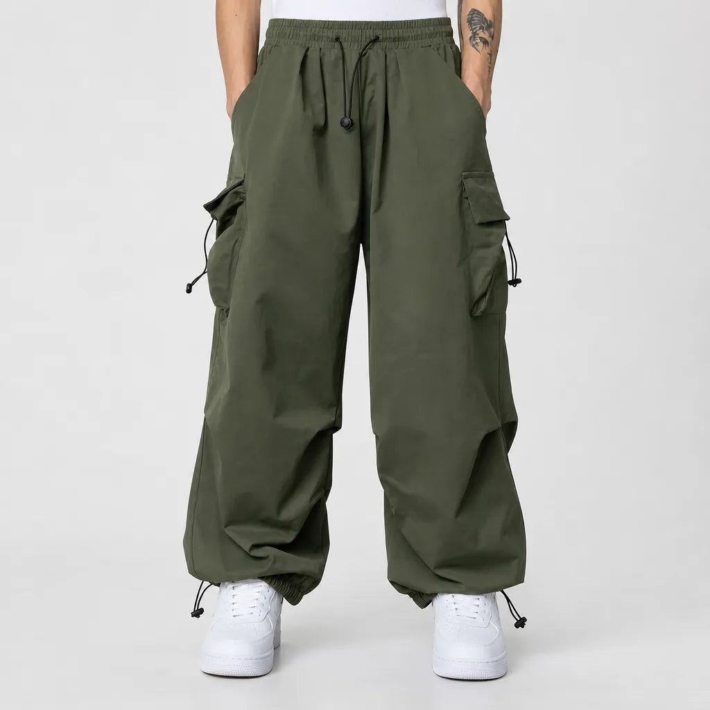 Men's Wide Leg Cargo Pants with Drawstring Waist - Green