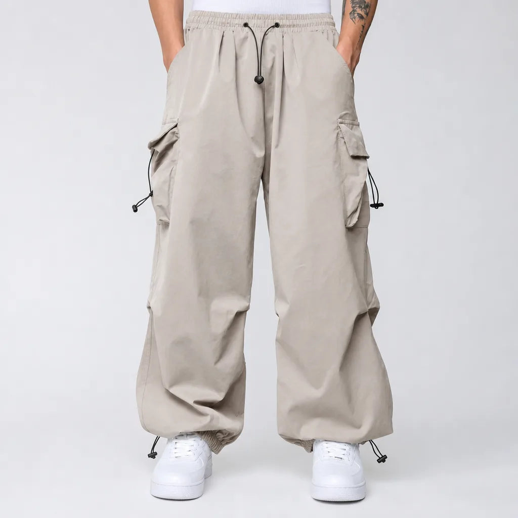 Men's Wide Leg Cargo Pants with Drawstring Waist - Beige