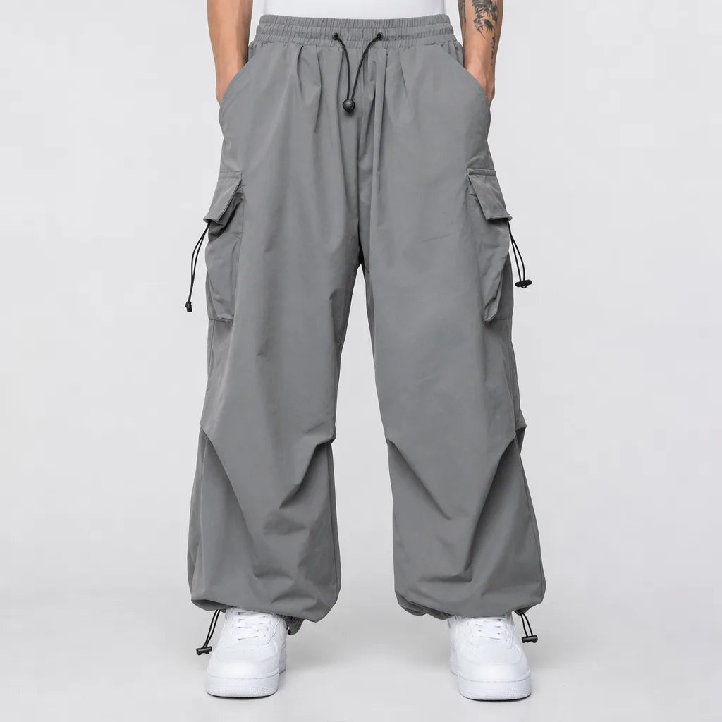Men's Wide Leg Cargo Pants with Drawstring Waist - Gray