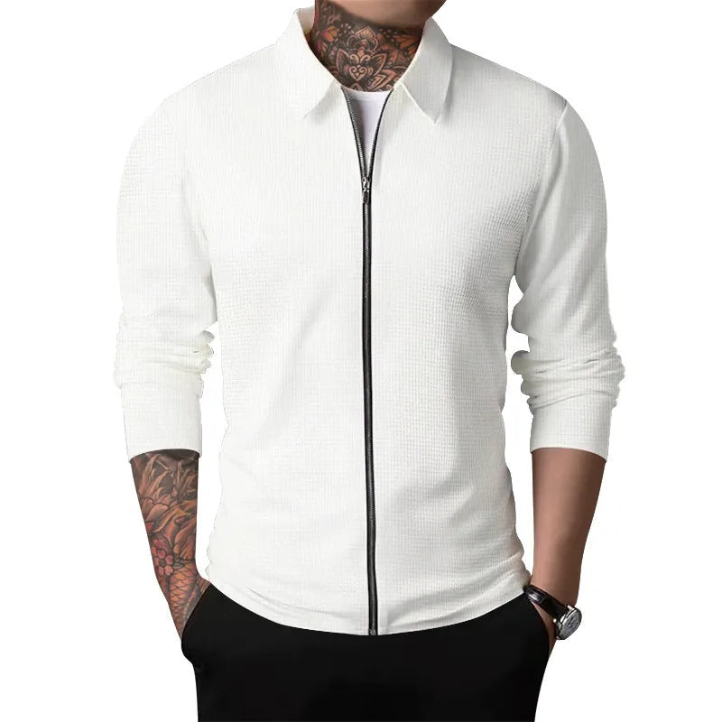 Men's Zip Front Collared Jacket with Plain Panels - White