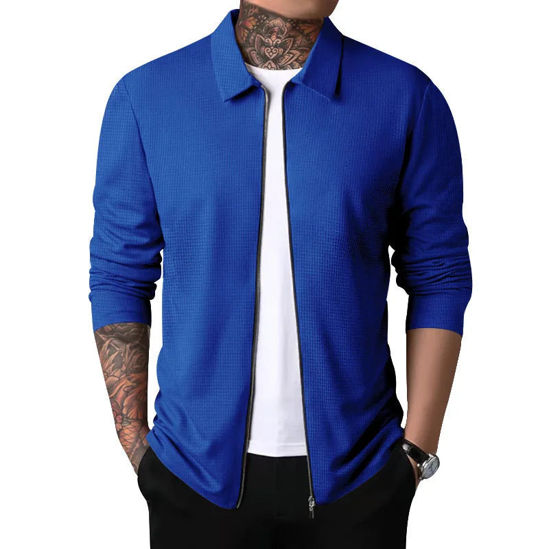 Men's Zip Front Collared Jacket with Plain Panels - Blue