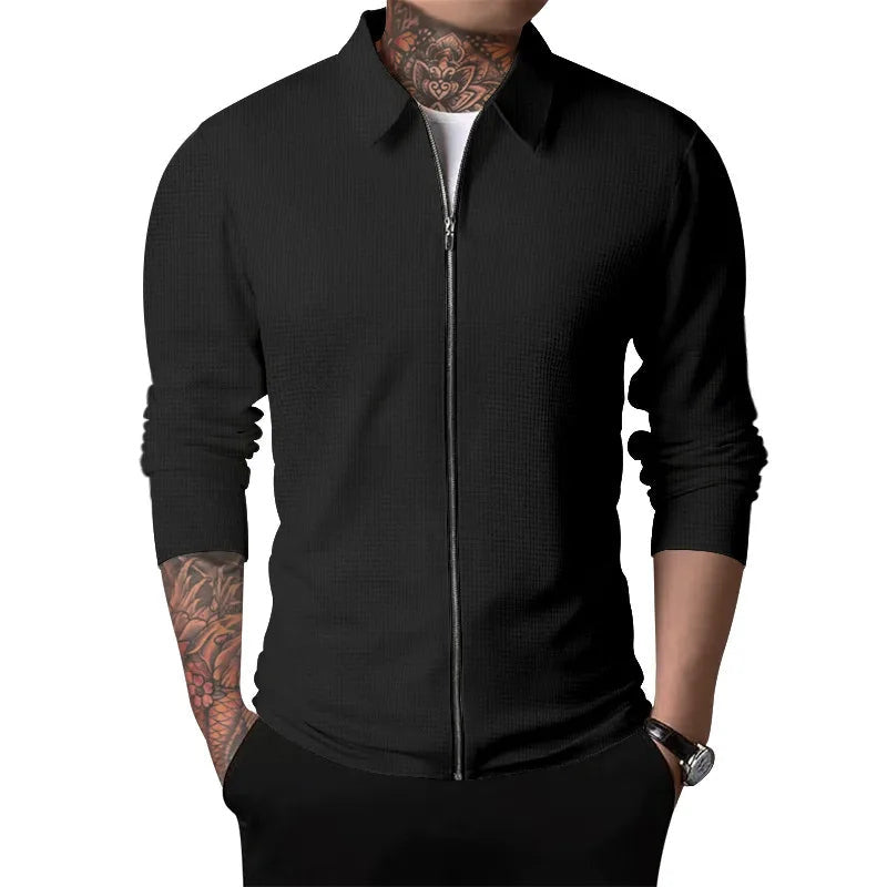 Men's Zip Front Collared Jacket with Plain Panels - Black