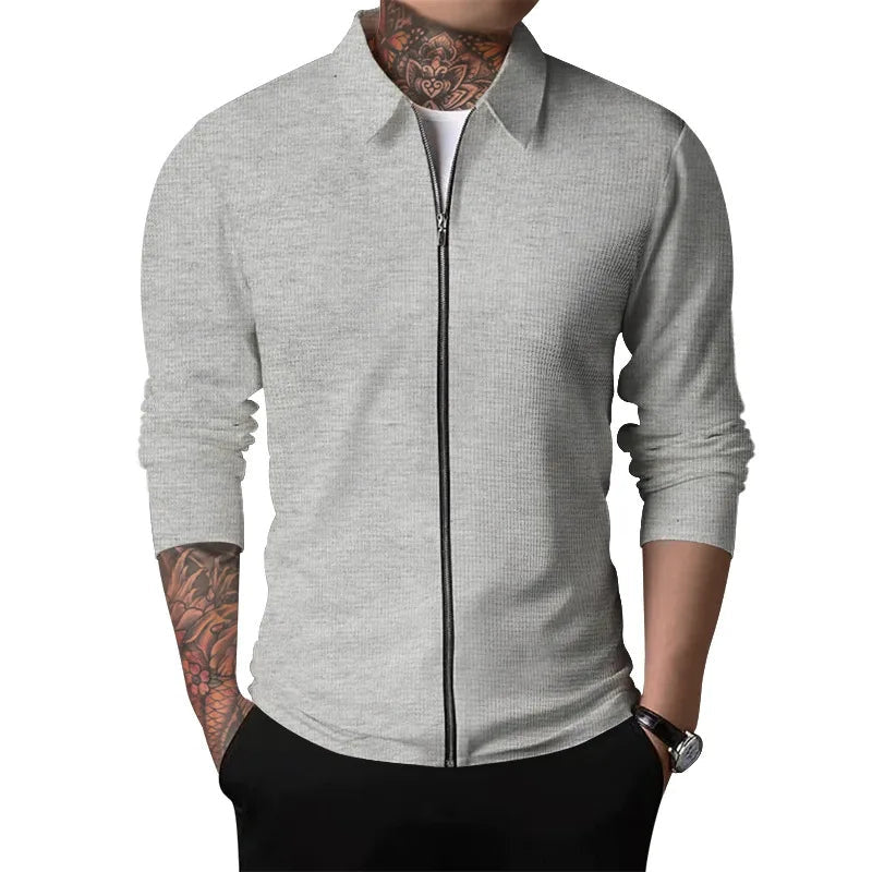 Men's Zip Front Collared Jacket with Plain Panels - Gray