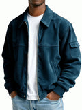Men's Zip Front Collared Jacket with Sleeve Pocket - Navy Blue