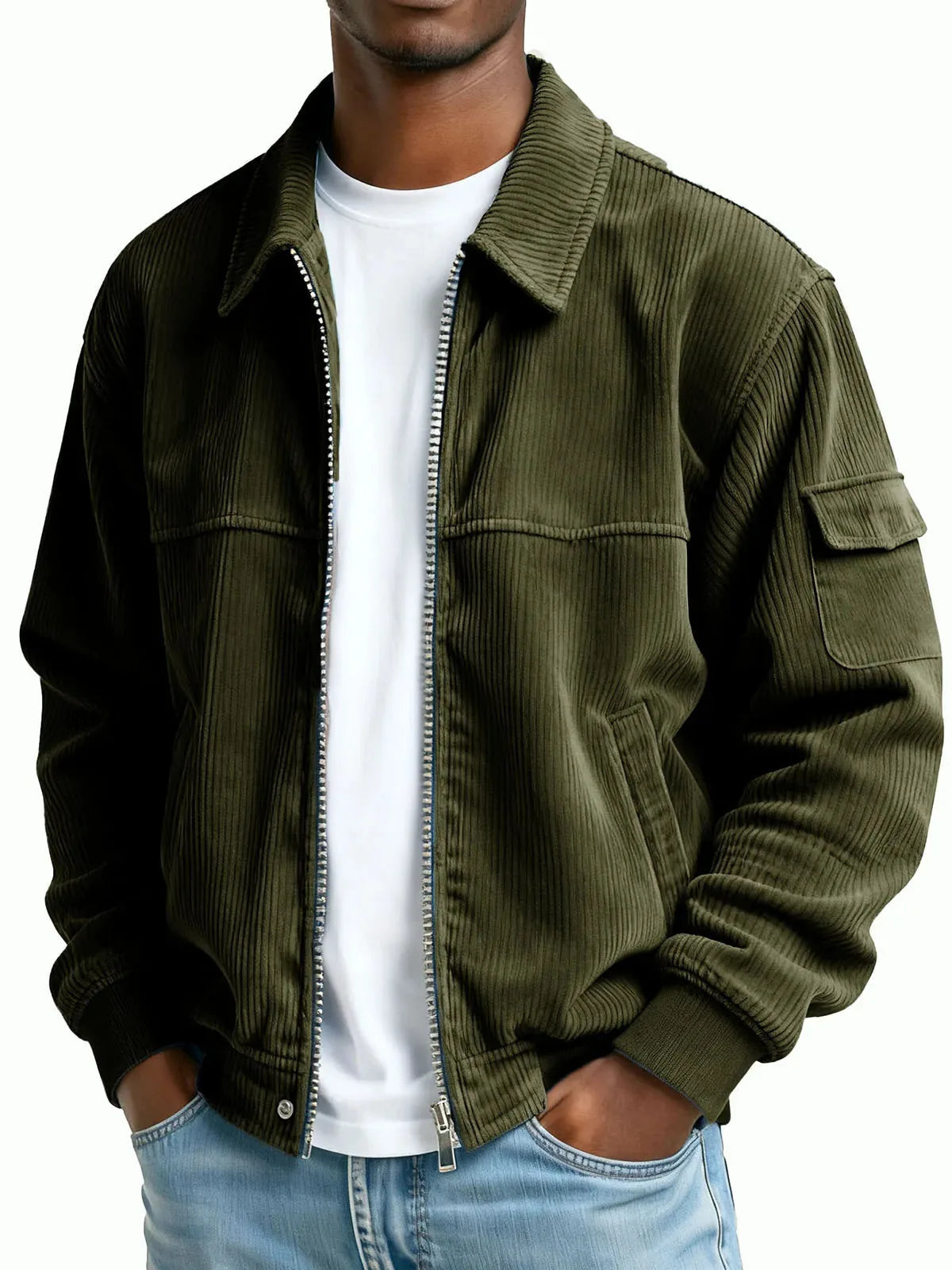 Men's Zip Front Collared Jacket with Sleeve Pocket - Dark Green