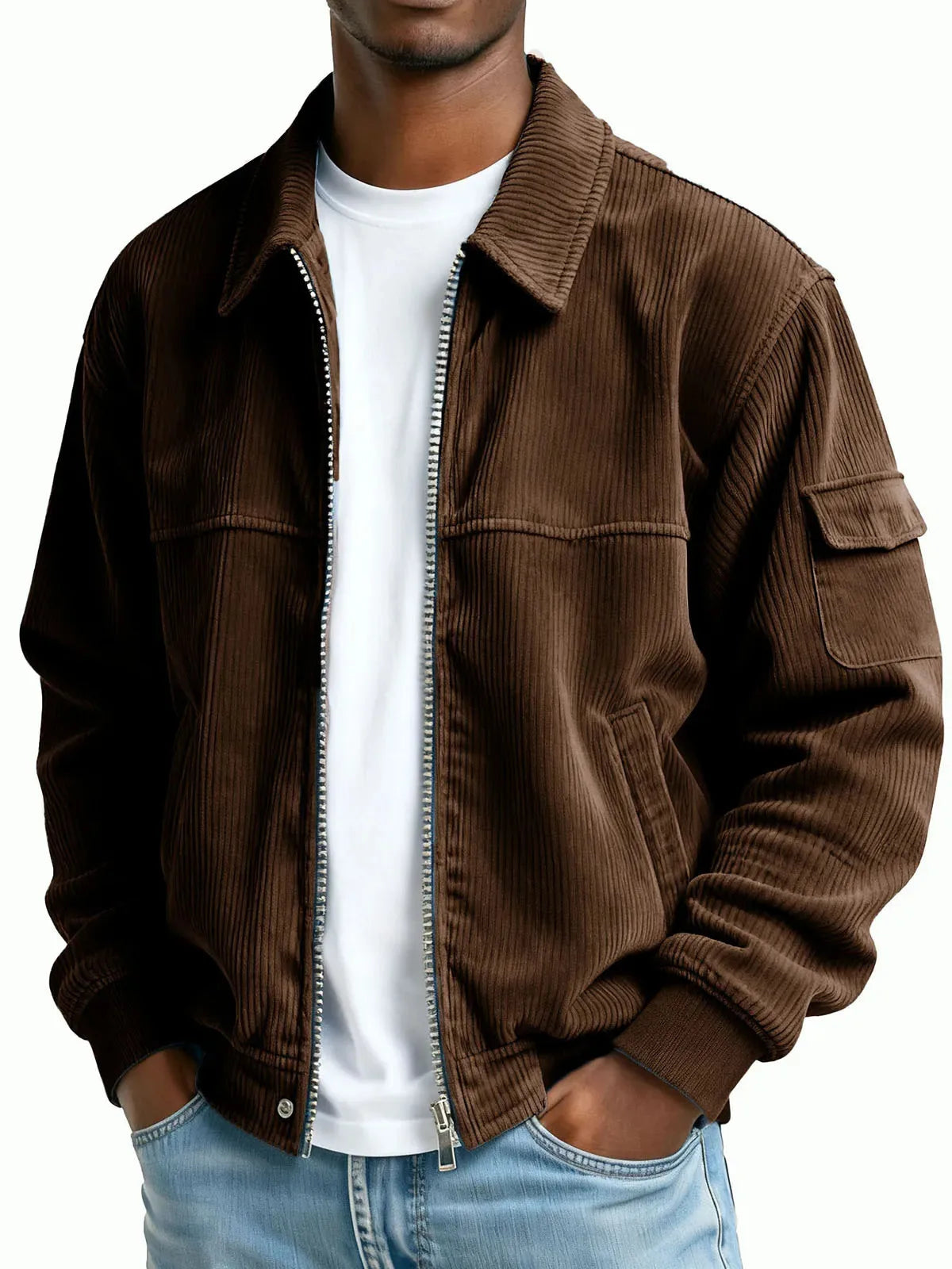 Men's Zip Front Collared Jacket with Sleeve Pocket - Brown