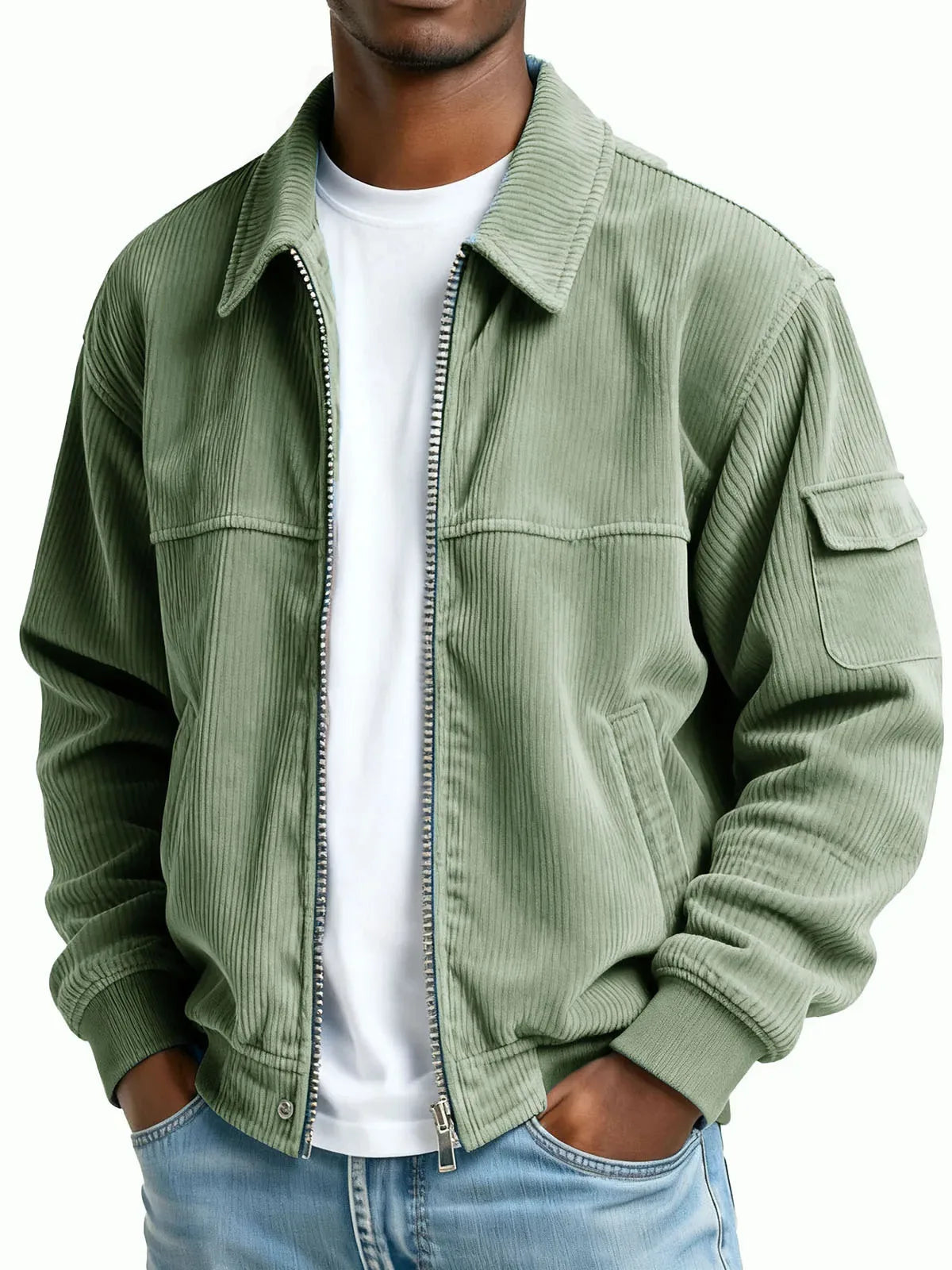 Men's Zip Front Collared Jacket with Sleeve Pocket - Light Green