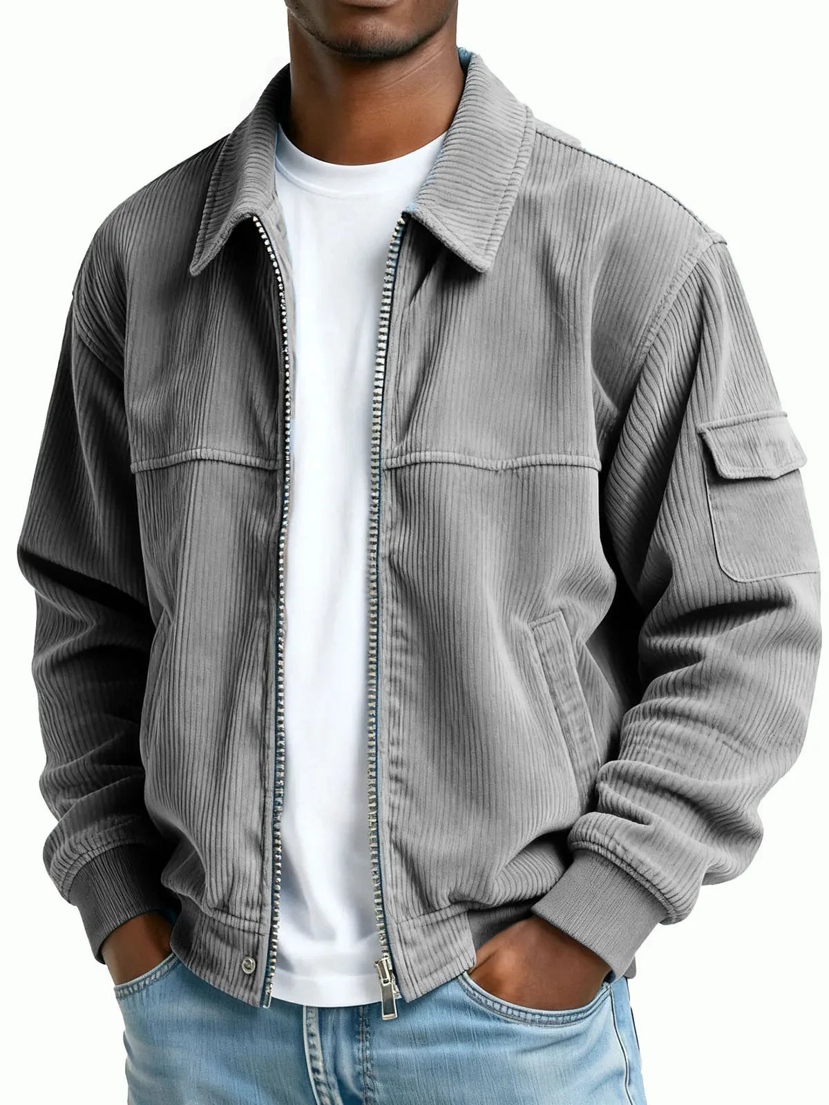 Men's Zip Front Collared Jacket with Sleeve Pocket - Grey
