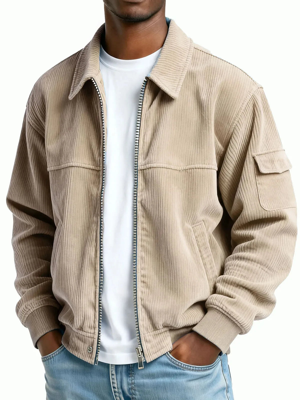Men's Zip Front Collared Jacket with Sleeve Pocket - Khaki