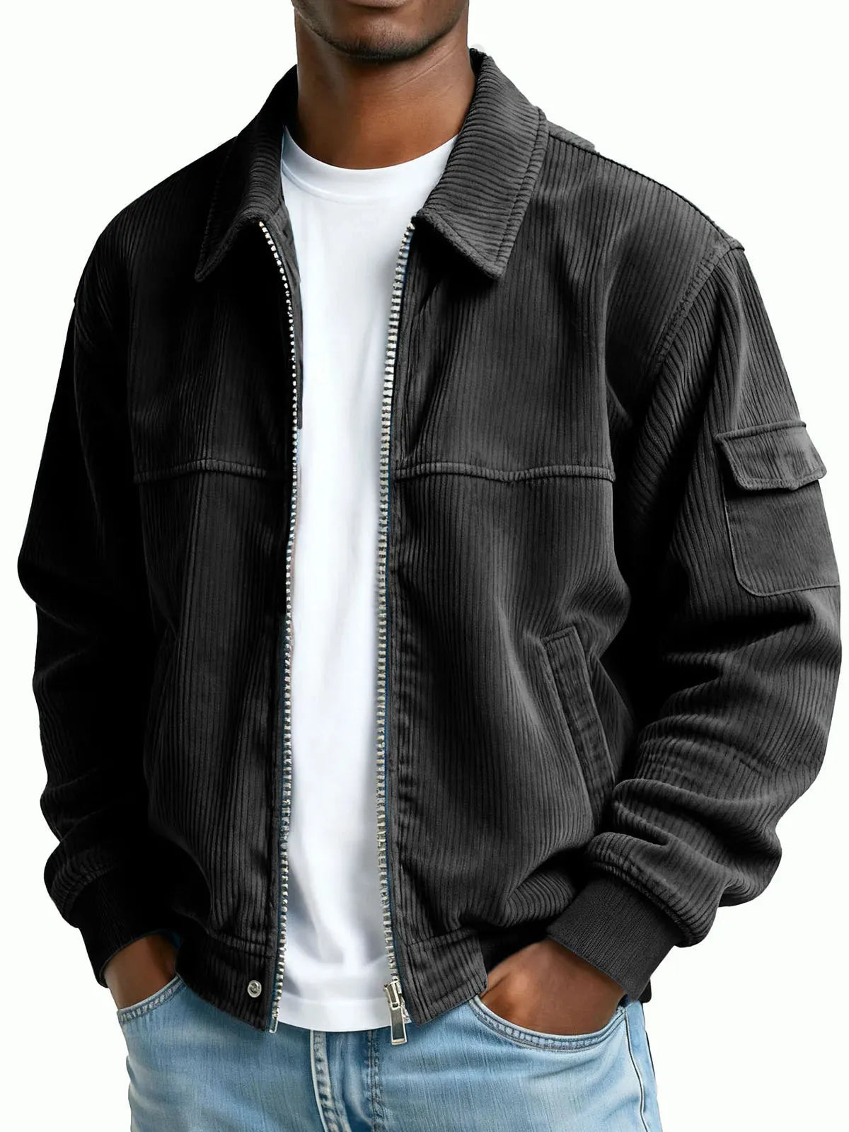 Men's Zip Front Collared Jacket with Sleeve Pocket - Black