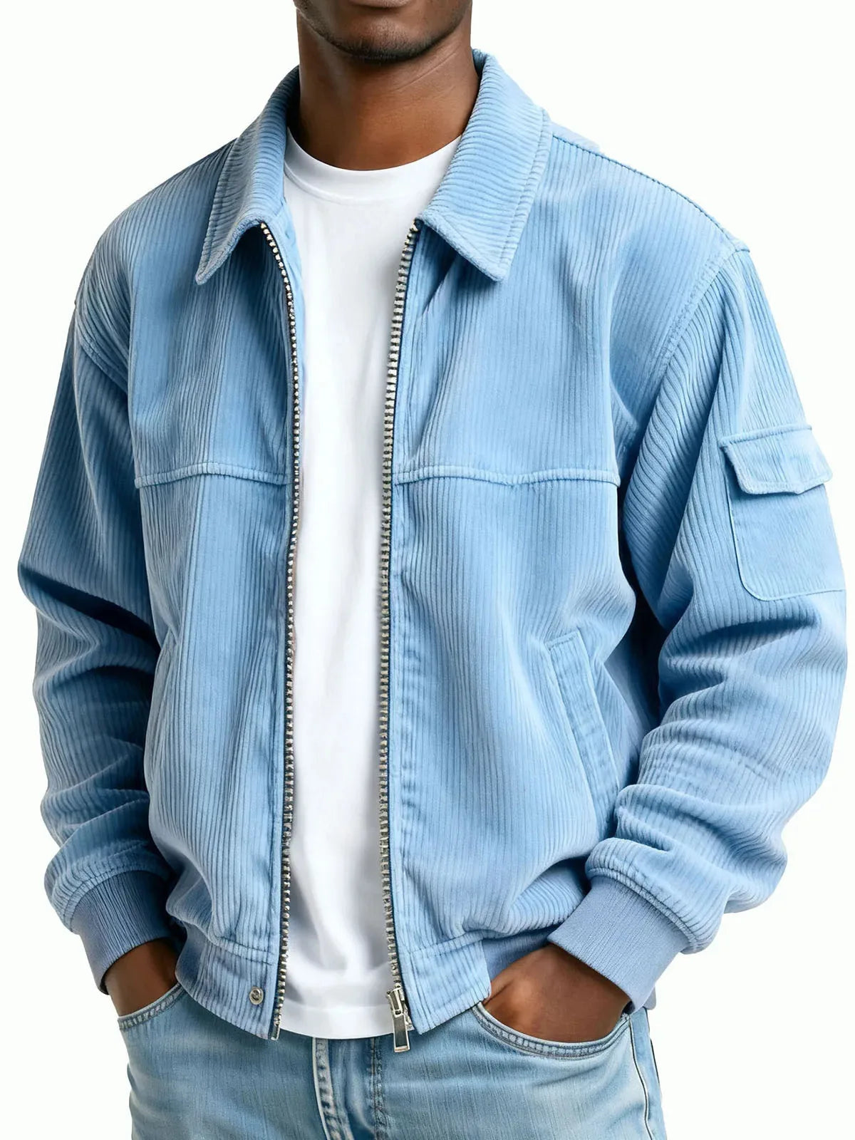 Men's Zip Front Collared Jacket with Sleeve Pocket - Light Blue
