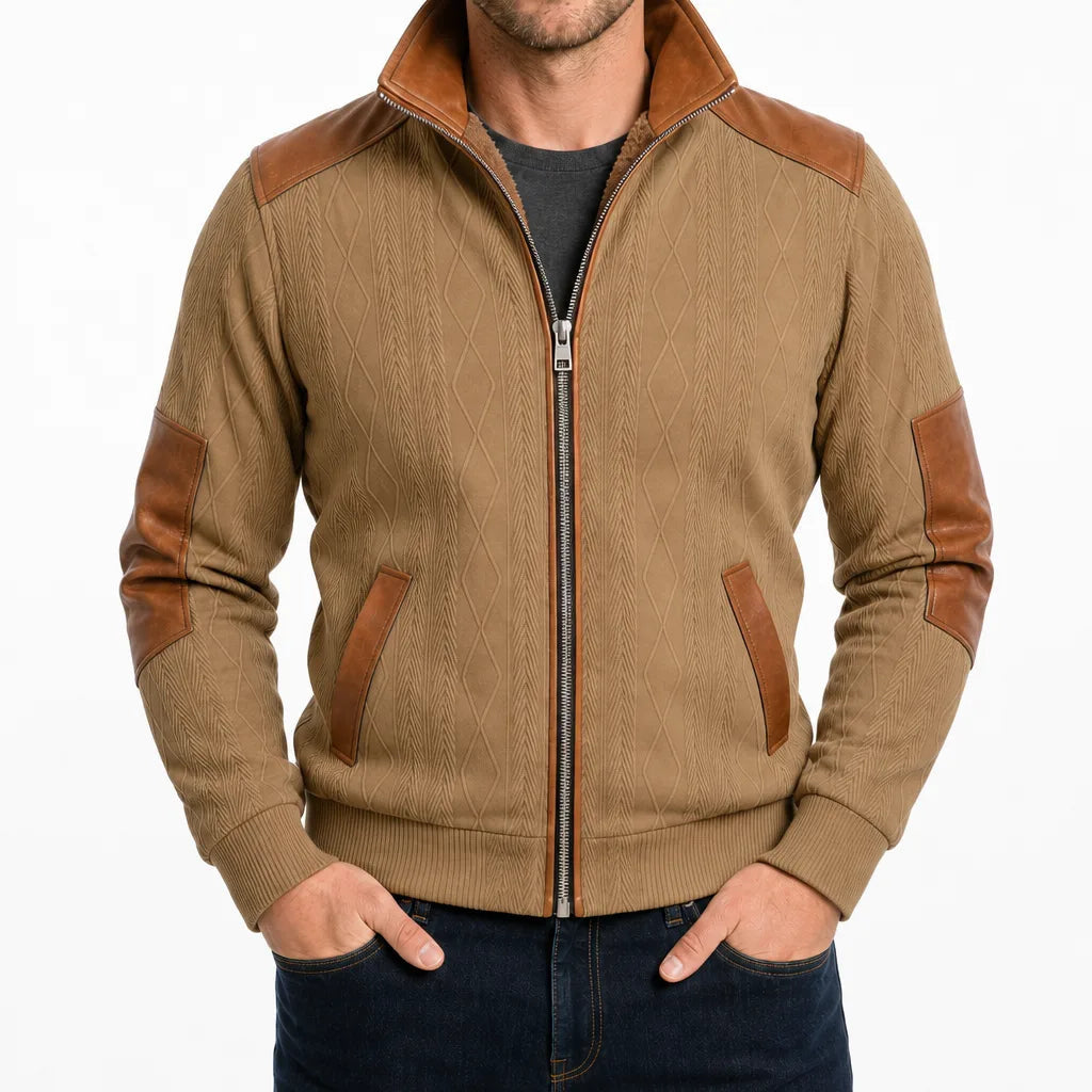 Men's Zip Front Jacket with Contrast Shoulder and Elbow Panels - Beige