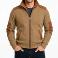 Men's Zip Front Jacket with Contrast Shoulder and Elbow Panels - Beige