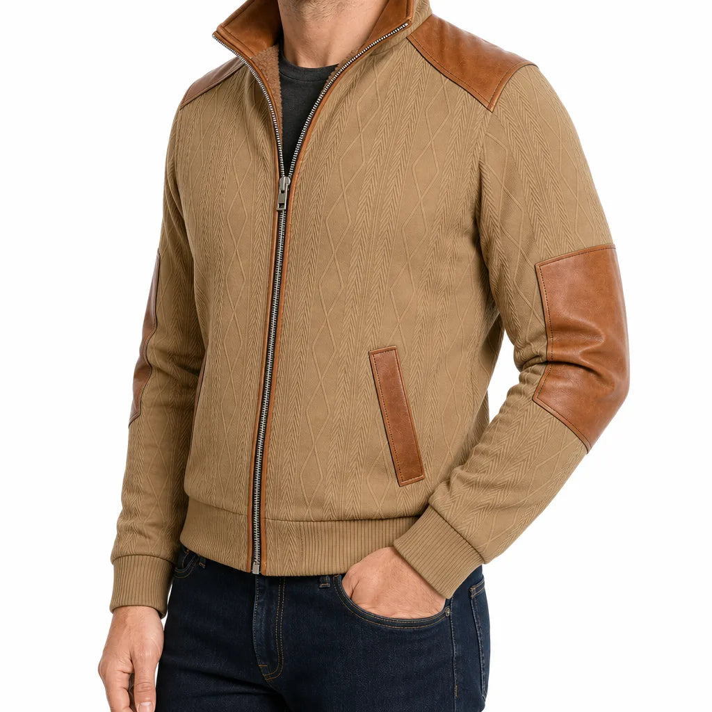 Men's Zip Front Jacket with Contrast Shoulder and Elbow Panels - Beige