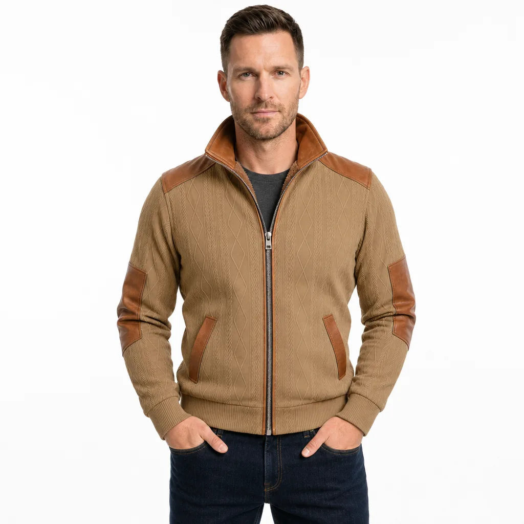 Men's Zip Front Jacket with Contrast Shoulder and Elbow Panels - Beige