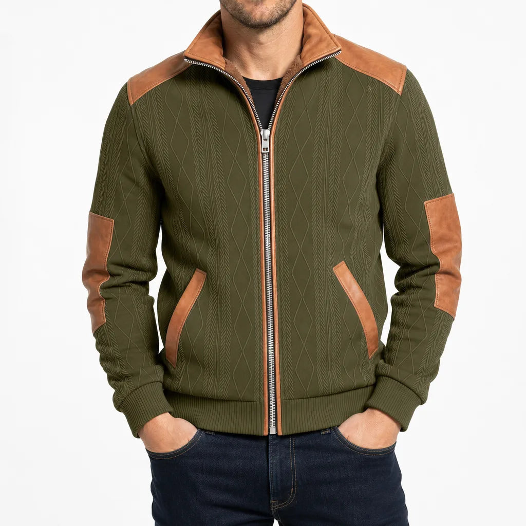 Men's Zip Front Jacket with Contrast Shoulder and Elbow Panels - Green