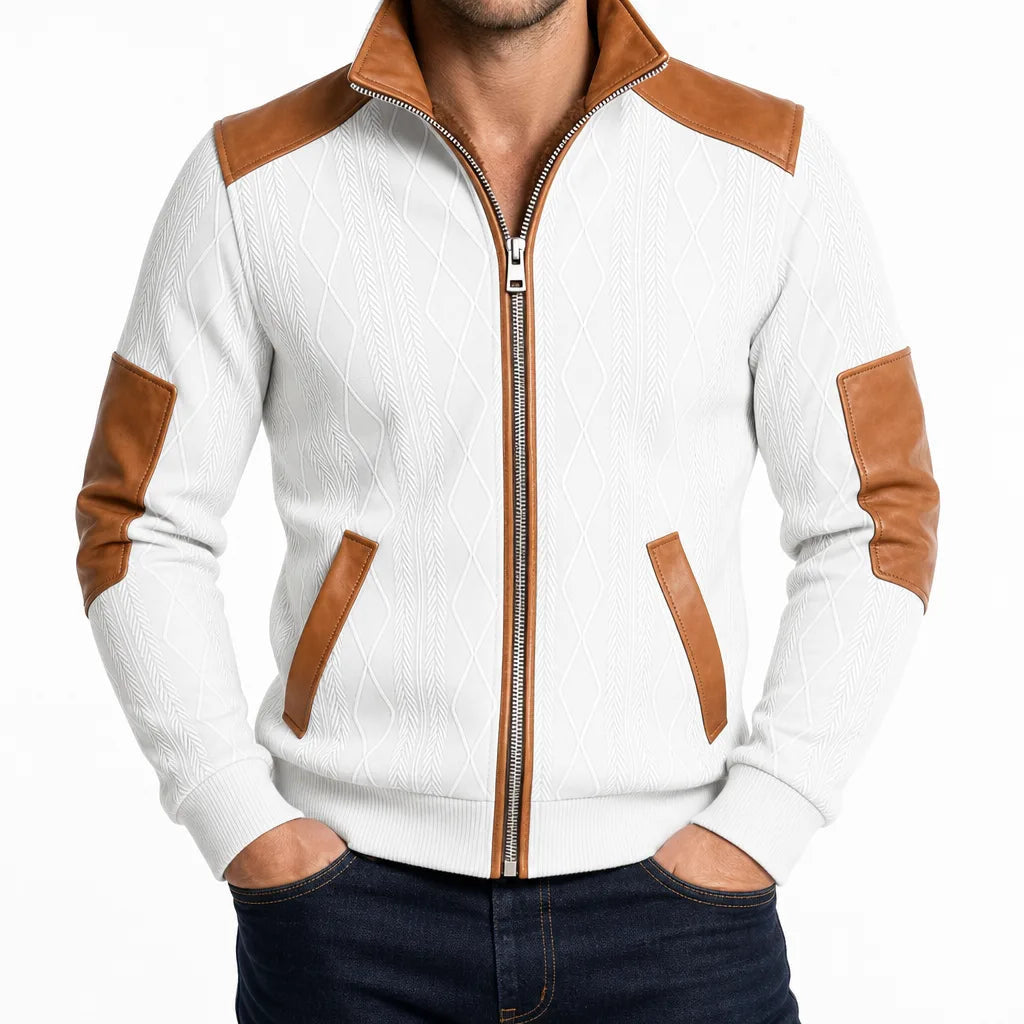 Men's Zip Front Jacket with Contrast Shoulder and Elbow Panels - White