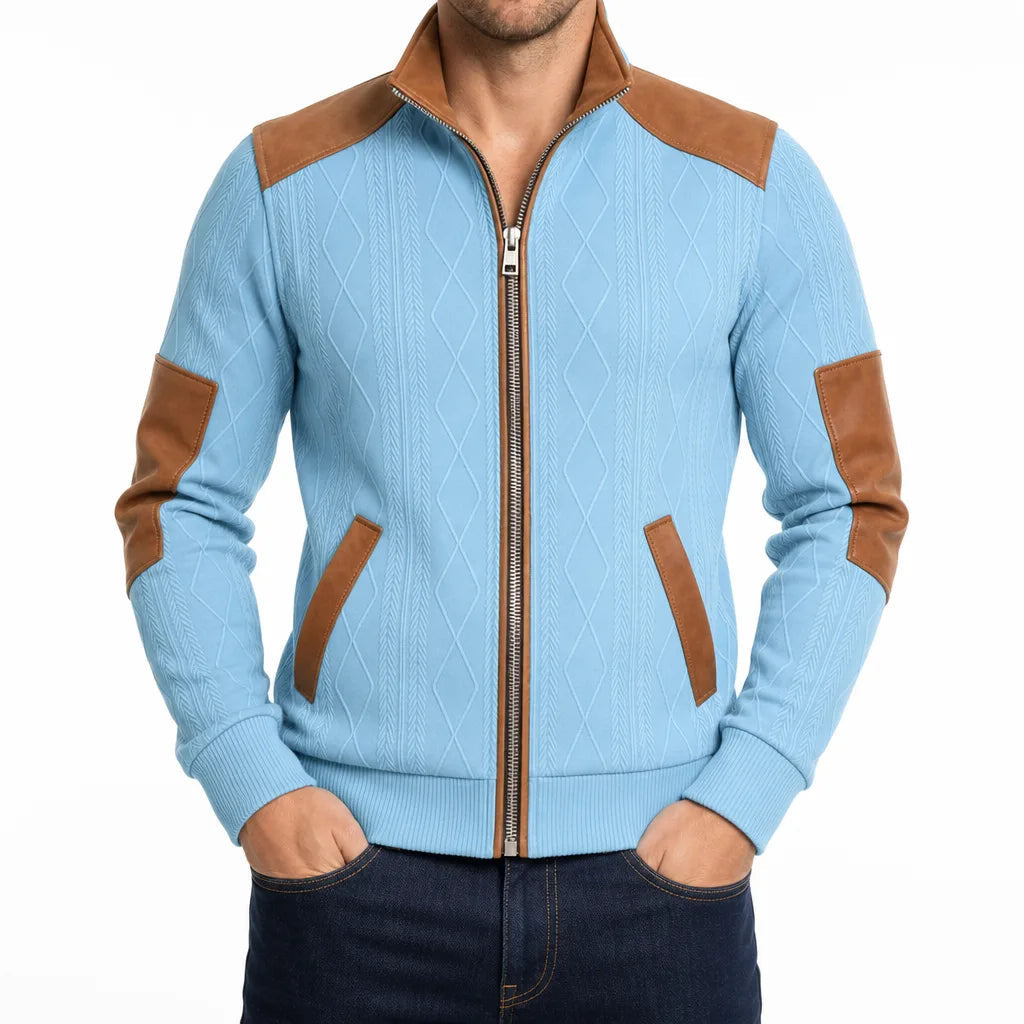 Men's Zip Front Jacket with Contrast Shoulder and Elbow Panels - Blue