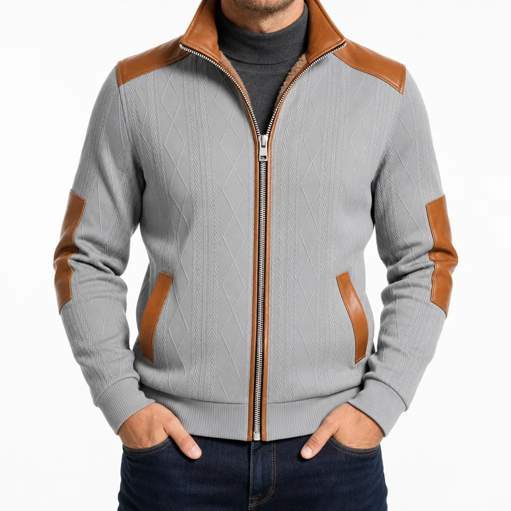 Men's Zip Front Jacket with Contrast Shoulder and Elbow Panels - Gray