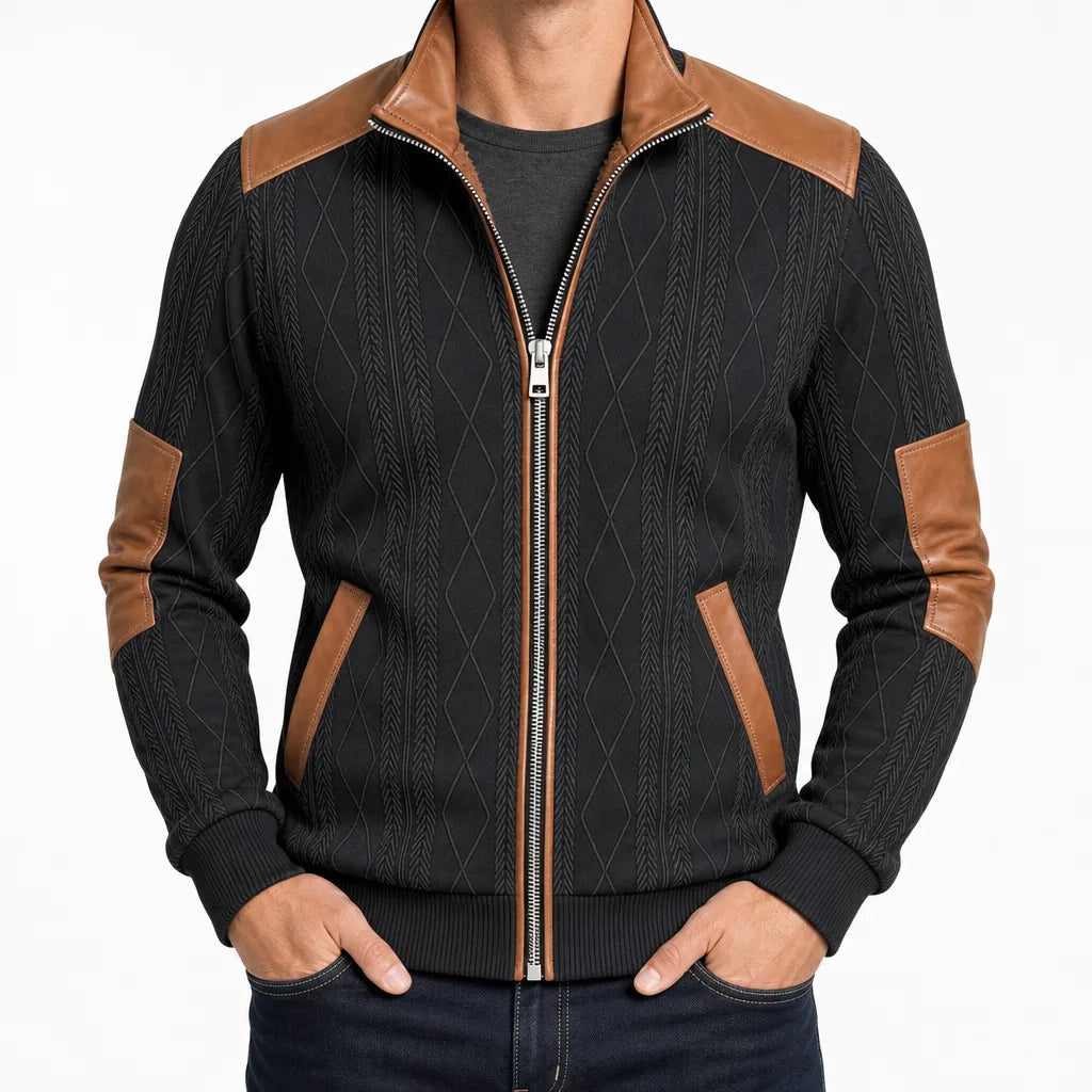 Men's Zip Front Jacket with Contrast Shoulder and Elbow Panels - Black