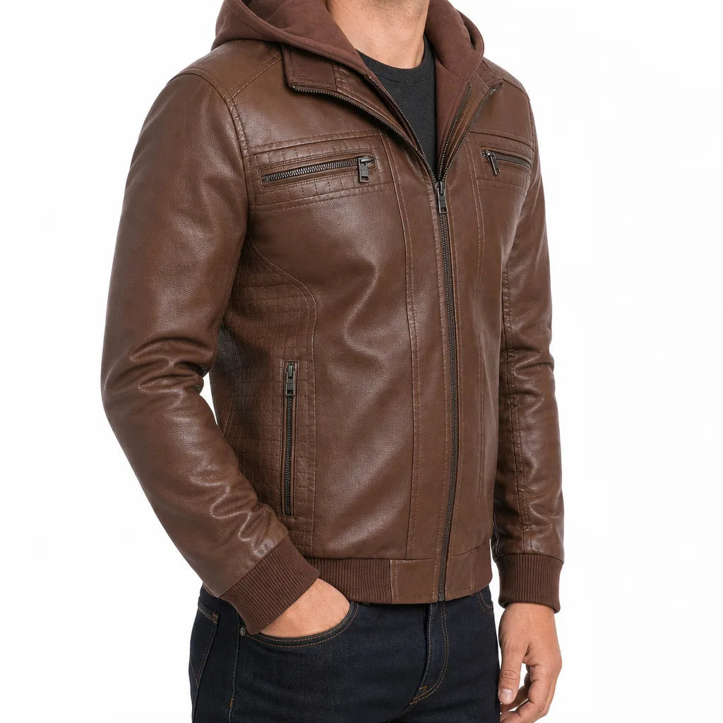 Men's Zip Front Jacket with Twin Horizontal Chest Zips - Brown